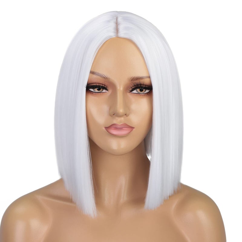 ENTRANCED STYLES White Wig Short Bob Wigs for Women 12Inch Heat Resistant Middle Part Straight Synthetic Wig Party Costume Halloween Cosplay Wig - Image 1